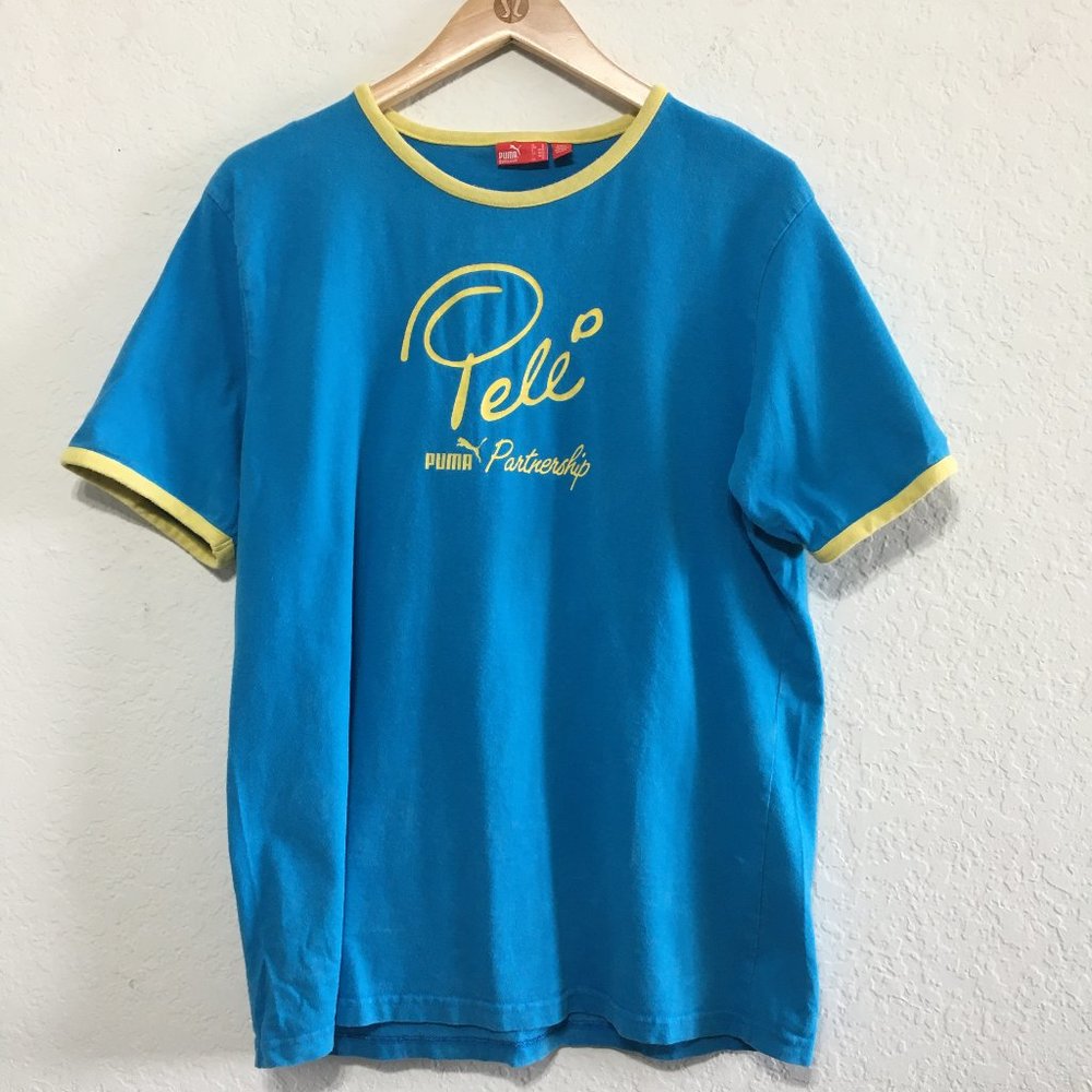 Puma Womens M Peli Partnership Vintage Style T Shirt Crew Neck Blue Yellow Trim